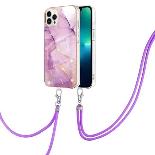 Estuche para iPhone 15 Pro Max Galvanoplastia Mármol Imd TPU a Prueba de Golpes con Cordón (Púrpura)