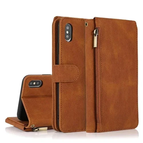Estuche para iPhone X / Xs Crazy Horse Textura Skin-Feel con Tapa Horizontal Soporte Ranuras y Cordón (Marrón)