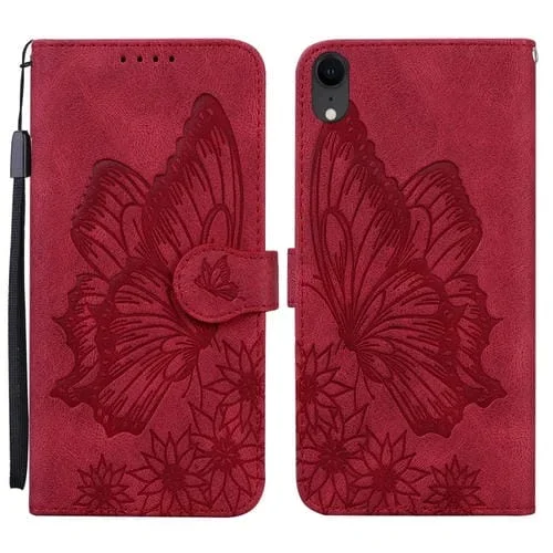Estuche para iPhone Xr Retro Skin Feel Butterflies Cuero con Tapa Horizontal En Relieve Soporte Ranuras Tarjetas Billetera (Rojo)