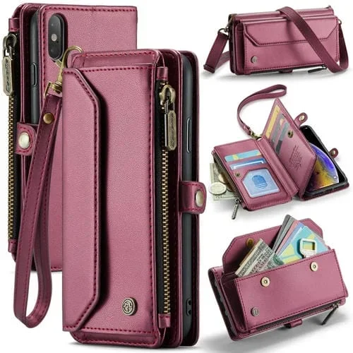 Estuche para iPhone Xs Max Caseme C36 Cartera con Ranuras para Tarjetas Cremallera Antirrobo Rfid (Rojo Vino)