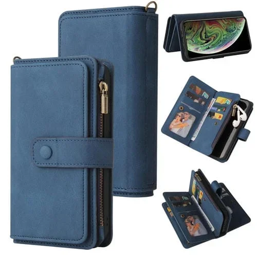 Estuche para iPhone Xs Max Skin Feel PU + TPU con Tapa Horizontal, Soporte, Ranura para 15 Tarjetas, Billetera, Bolsillo con Cremallera y Cordón (Azul)