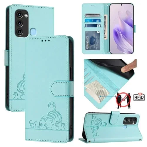 Estuche para Itel S17 S661W Vision 3 Cat Rat de Cuero RFID con Patrón y Cordón (Verde Menta)