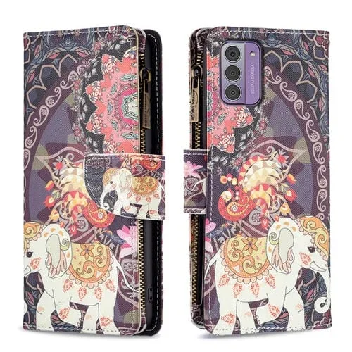 Estuche para Nokia G42 G310 de Cuero con Cremallera y Dibujo Coloreado (Elefante de Flores)