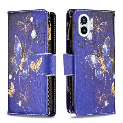 Estuche para Nothing Phone 1 de Cuero con Cremallera y Dibujo Mariposa Púrpura