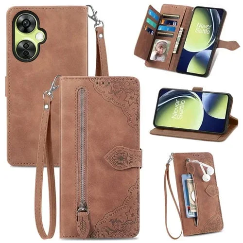 Estuche para OnePlus Nord Ce 3 Lite de Cuero con Cremallera y Flor en Relieve (Marrón)