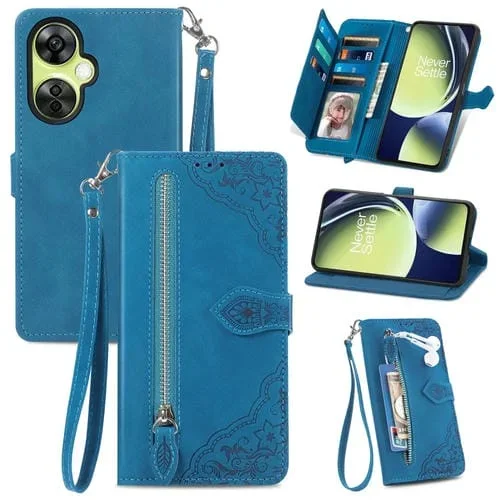 Estuche para OnePlus Nord Ce 3 Lite de Cuero con Cremallera y Flores en Relieve (Azul)