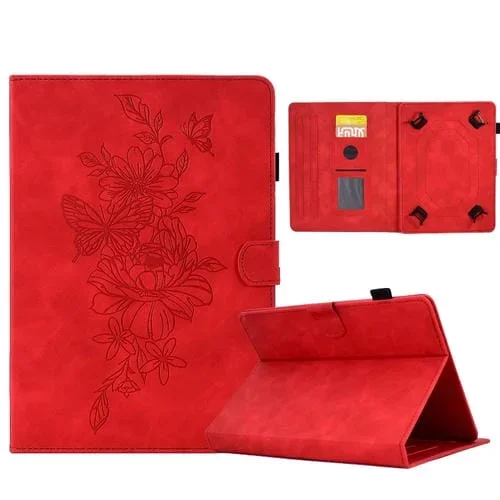 Estuche para Tableta 7 Pulgadas Cuero con Relieve Mariposa Peonía (Rojo)