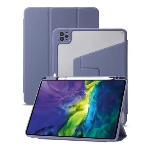 Estuche para Tableta iPad Pro 12.9 Cuero Acrílico Rotación 360° 3 Pliegues (Gris Púrpura Lavanda)