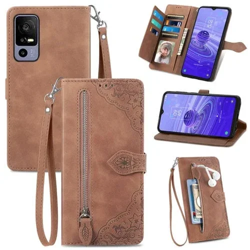 Estuche para TCL 40R Cuero con Cremallera y Flores en Relieve (Marrón)