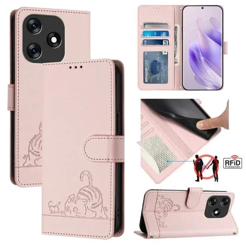 Estuche para Tecno Spark 10 4G Cuero Rfid con Patrón En Relieve y Cordón (Rosa)