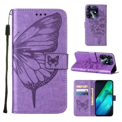 Estuche para Tecno Spark 10 Pro Ki7 de Cuero con Mariposa en Relieve (Púrpura Claro)