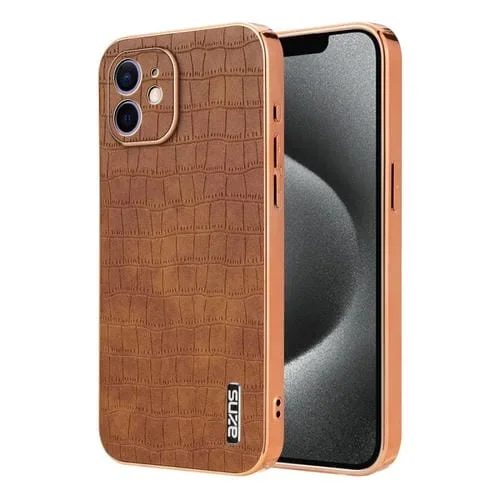 Estuche para Teléfono Azns iPhone 11 Cobertura Total Textura Cocodrilo Marco Galvanizado (Marrón)