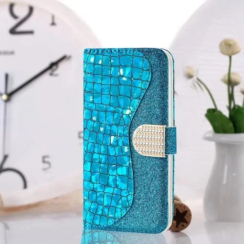 Estuche para Teléfono Cuero Textura Cocodrilo iPhone 14 Max (Azul)