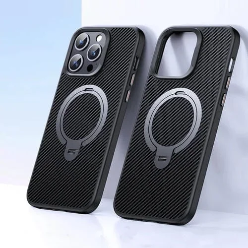 Estuche para Teléfono Fibra de Carbono iPhone 12/12 Pro con Soporte Magsafe de Doble Anillo (Plateado)