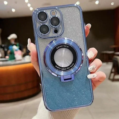 Estuche para Teléfono Galvanizado con Soporte y Purpurina Degradada Magsafe para iPhone 16 (Azul)