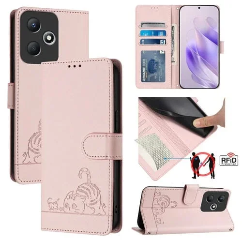 Estuche para Teléfono Infinix Hot 30 Play Cuero Rfid con Patrón en Relieve y Cordón (Rosa)