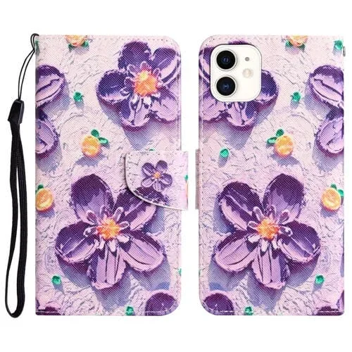 Estuche para teléfono iPhone 11 cuero con dibujo coloreado (Flor Morada)