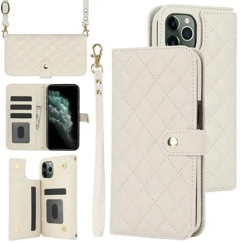 Estuche para Teléfono iPhone 11 Pro Crossbody Cuero Rómbico Multifunción (Blanco)