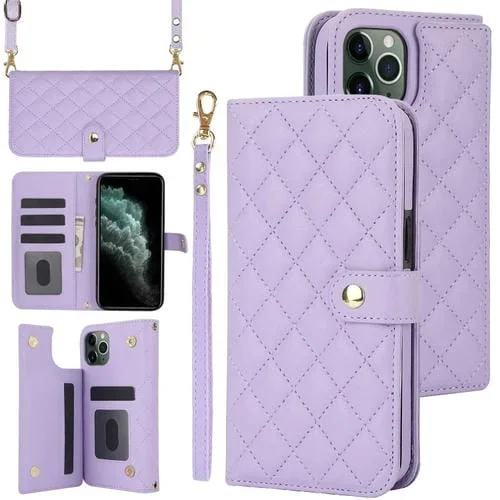 Estuche para teléfono iPhone 11 Pro Crossbody Cuero Rómbico Multifunción (Púrpura)