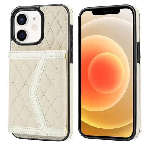 Estuche para Teléfono iPhone 12/12 Pro Bolsa para Tarjetas Textura Rómbica Empalme Cordón Largo (Beige)