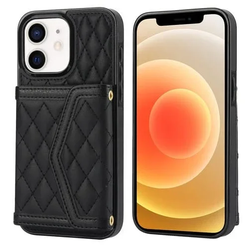 Estuche para Teléfono iPhone 12/12 Pro con Bolsa para Tarjetas Textura Rómbica y Cordón Largo (Negro)