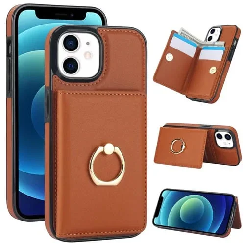 Estuche para teléfono iPhone 12 Mini con soporte anillo tarjeta antirrobo Rfid (Marrón)