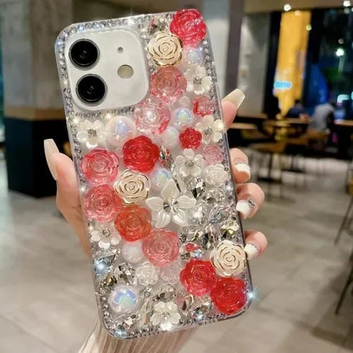 Estuche para teléfono iPhone 12 Mini Rose con Diamante Perlado para PC (Rojo)