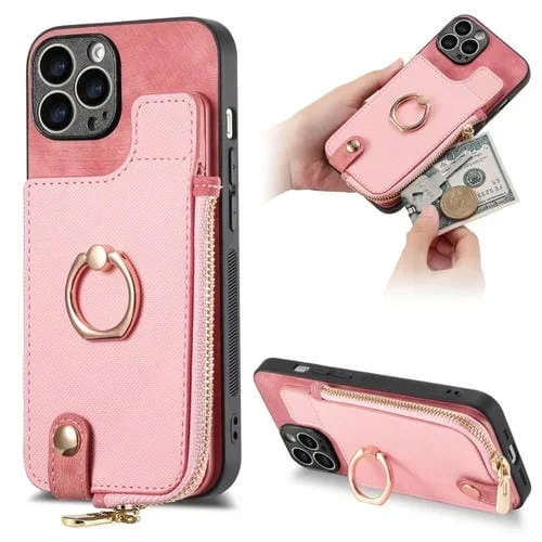 Estuche para Teléfono iPhone 12 Pro con Billetera Cremallera Vertical y Anillo de Cuero Cruzado (Rosa)