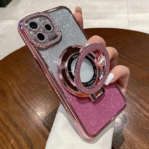 Estuche para Teléfono iPhone 12 Pro Magsafe con Soporte Chapado en Diamantes con Brillo Degradado (Rosa)