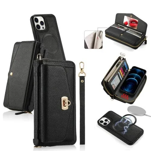 Estuche para Teléfono iPhone 12 Pro Magsafe Crossbody con Billetera y Cremallera Multifuncional de Cuero Litchi (Negro)
