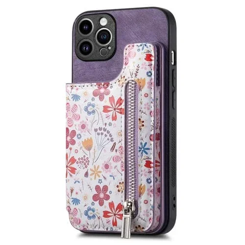Estuche para teléfono iPhone 12 Pro Max con billetera y cremallera pintada retro (Púrpura)