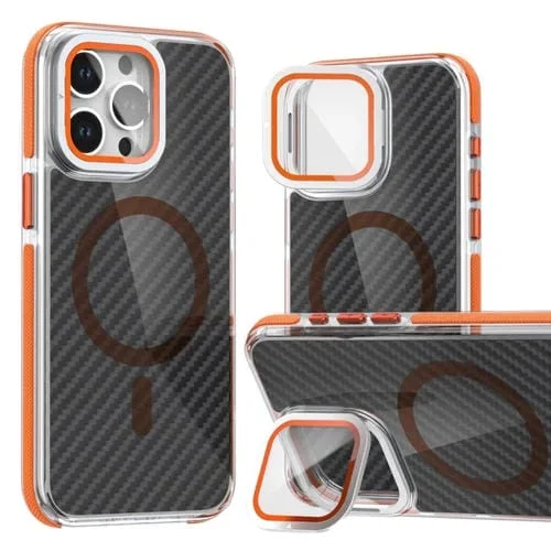 Estuche para Teléfono iPhone 12 Pro Max Magsafe con Película de Lente Fibra de Carbono Dos Colores Soporte Plegable (Naranja)
