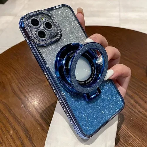 Estuche para Teléfono iPhone 12 Pro Max Magsafe con Soporte Chapado en Diamantes con Brillo Degradado (Azul)
