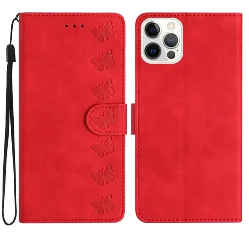 Estuche para Teléfono iPhone 12 Pro Max Seven Butterflies Cuero En Relieve (Rojo)