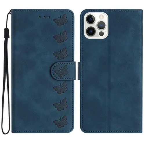 Estuche para teléfono iPhone 12 Pro Seven Butterflies Cuero en Relieve (Azul)