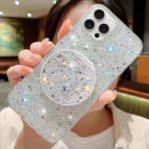 Estuche para teléfono iPhone 12 Pro TPU Epoxi con soporte espejo redondo Lentejuelas estrelladas (Plateado)