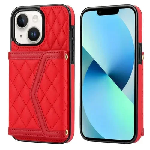 Estuche para Teléfono iPhone 13/14 con Bolsa para Tarjetas Textura Rómbica Empalme Cordón Largo (Rojo)