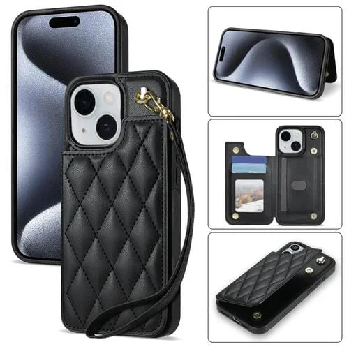 Estuche para Teléfono iPhone 13/14 con Ranuras para Tarjetas y Hebilla Doble Rombal con Cordón (Negro)