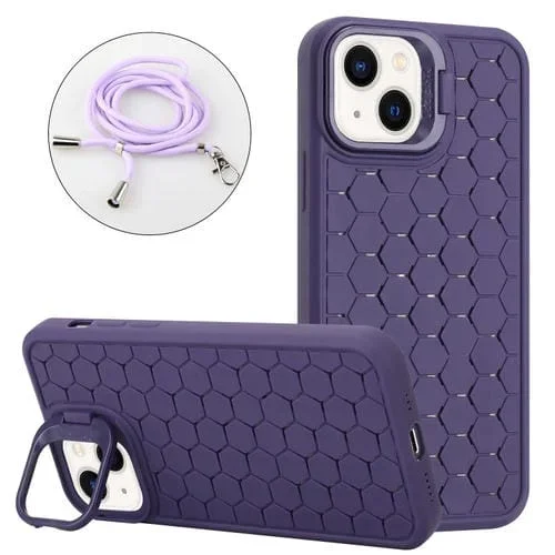 Estuche para Teléfono iPhone 13 Magsafe con Soporte para Lente Radiante Panal con Cordón (Púrpura)
