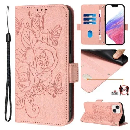 Estuche para teléfono iPhone 13 Mini cuero antirrobo RFID con rosa en relieve (Rosa)