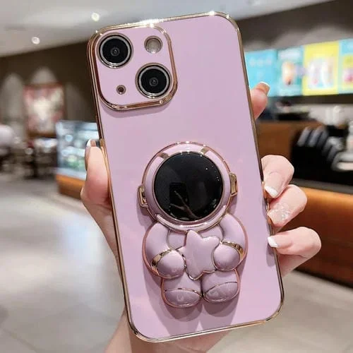 Estuche para teléfono iPhone 13 Mini Embrace Stars con soporte para astronauta galvanizado (Púrpura)
