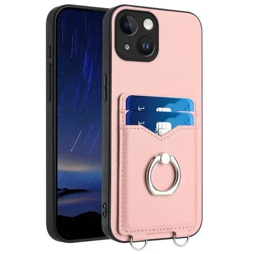 Estuche para Teléfono iPhone 13 Mini R20 con Soporte para Tarjeta y Anillo (Rosa)