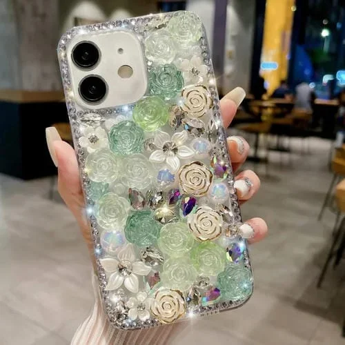 Estuche para teléfono iPhone 13 Mini Rose con Diamante Perlado y Juego de Manos para PC (Verde)
