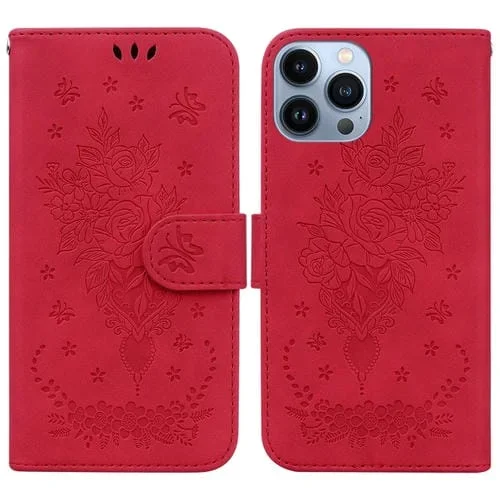 Estuche para teléfono iPhone 13 Pro Butterfly Rose cuero en relieve (Rojo)