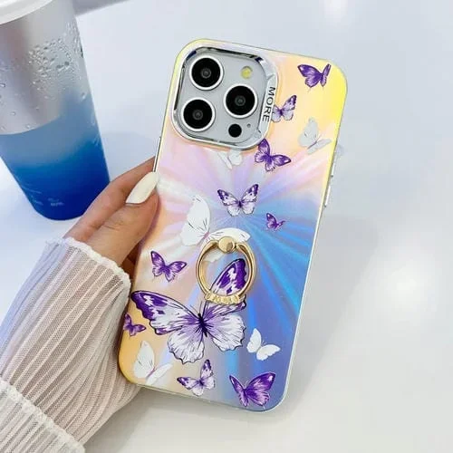 Estuche para teléfono iPhone 13 Pro con soporte anillo mariposa láser galvanoplastia (Ab6)