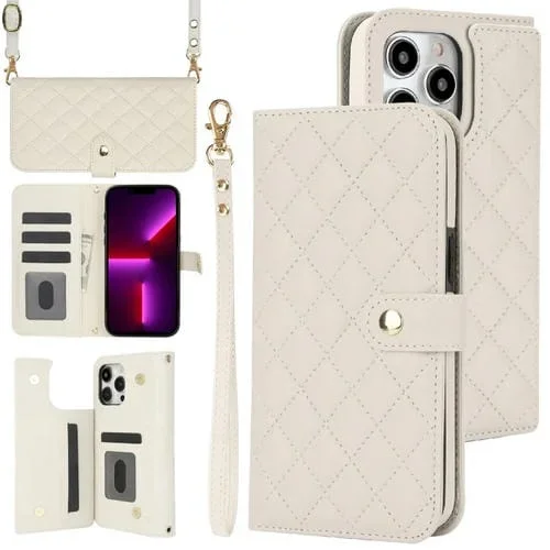Estuche para Teléfono iPhone 13 Pro Crossbody Cuero Rómbico Multifunción (Blanco)
