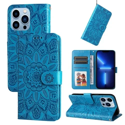 Estuche para teléfono iPhone 13 Pro cuero con estampado de girasol en relieve (Azul)