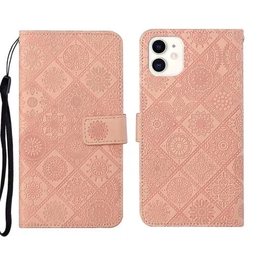 Estuche para Teléfono iPhone 13 Pro Cuero Patrón en Relieve Estilo Étnico (Rosa)