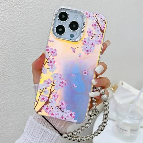Estuche para Teléfono iPhone 13 Pro Flor Láser Galvanizada con Correa para Muñeca (Flor de Durazno)