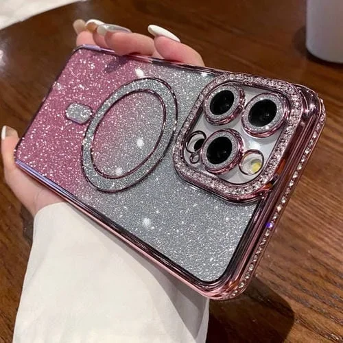 Estuche para Teléfono iPhone 13 Pro Magsafe Chapado en Brillo con Degradado de Diamante (Rosa)